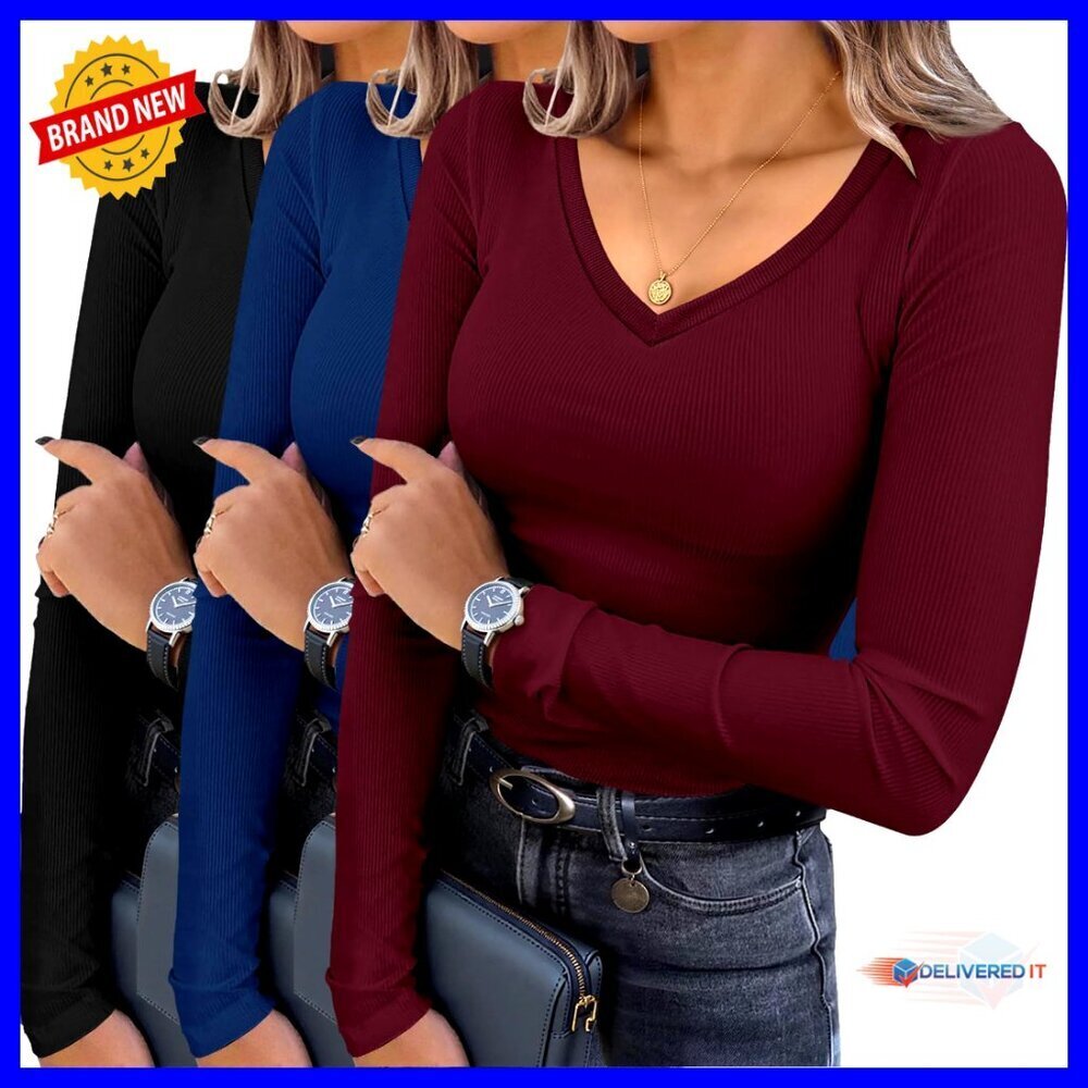 Long Sleeve V Neck Ribbed Slim Fit Thermal Tops 3 Pack Casual Layering Tee